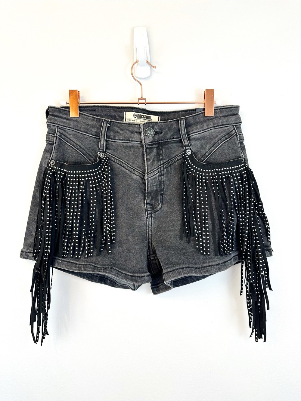 NEW Studded Fringe Black Denim Shorts, Western Boho Goth Festival Dolly Parton